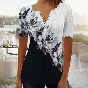 Women's Navy Floral Print Top - Cotton Size L Button Front